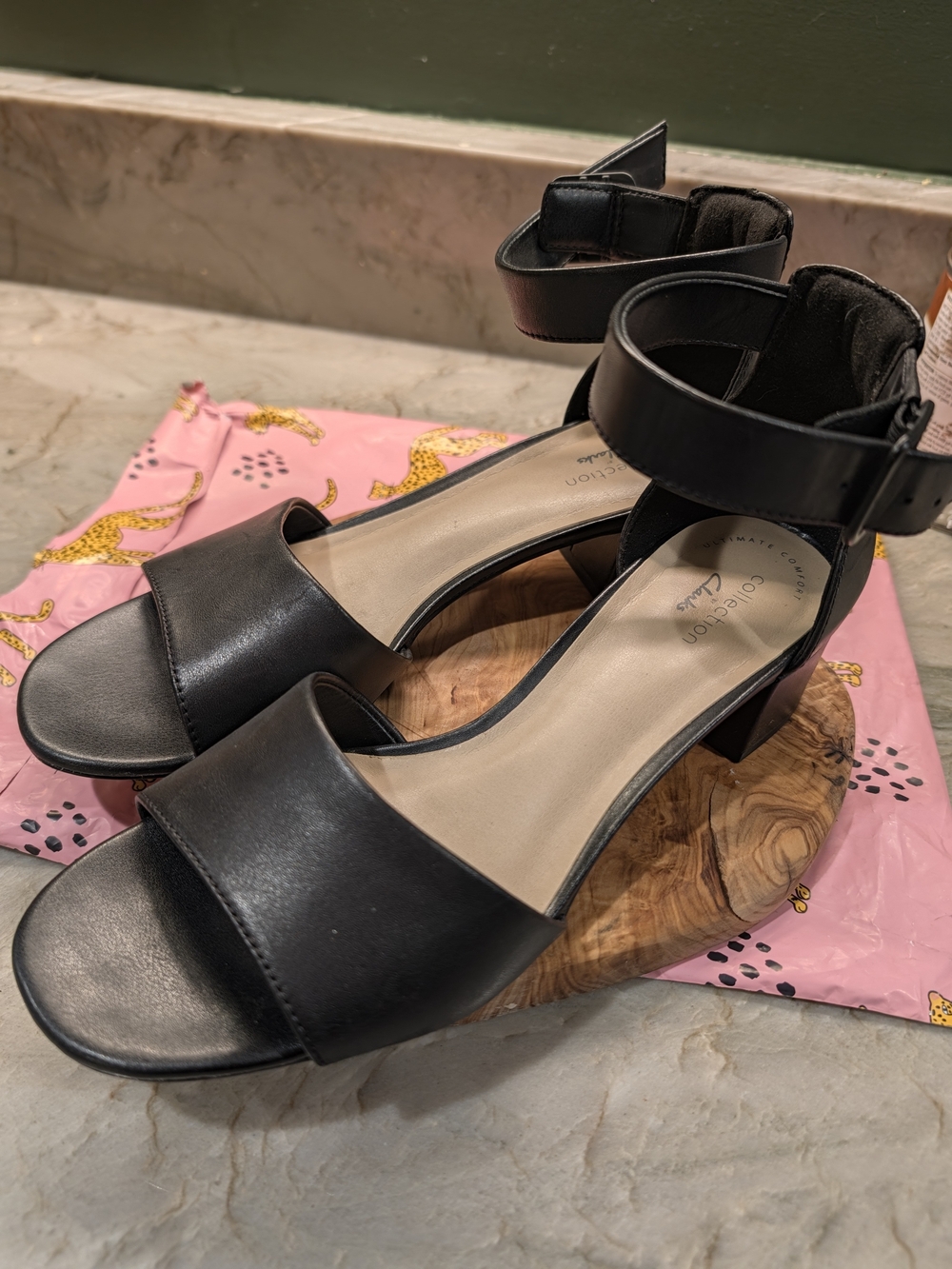Clarks Black Leather Ankle-Strap Low Block Heel Sandals